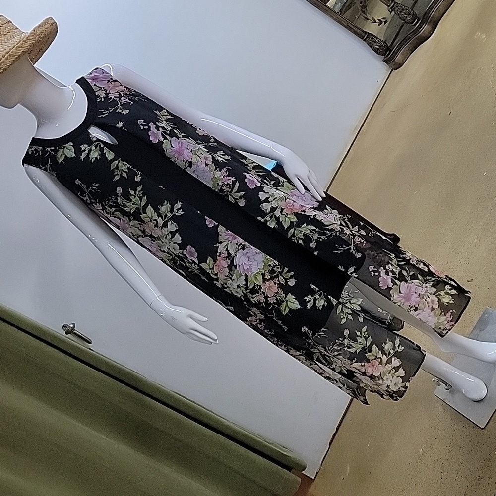 Emma & Michele Pencil Cut V Neck Dress with Floral Lightweight Sheer Overlays